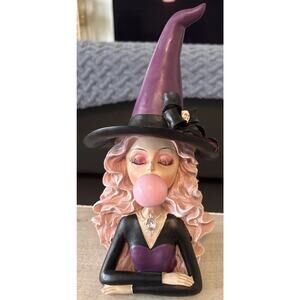 New Witch Blowing Bubble Figure Wearing Skull Bow Eyelashes Halloween Decor 12”